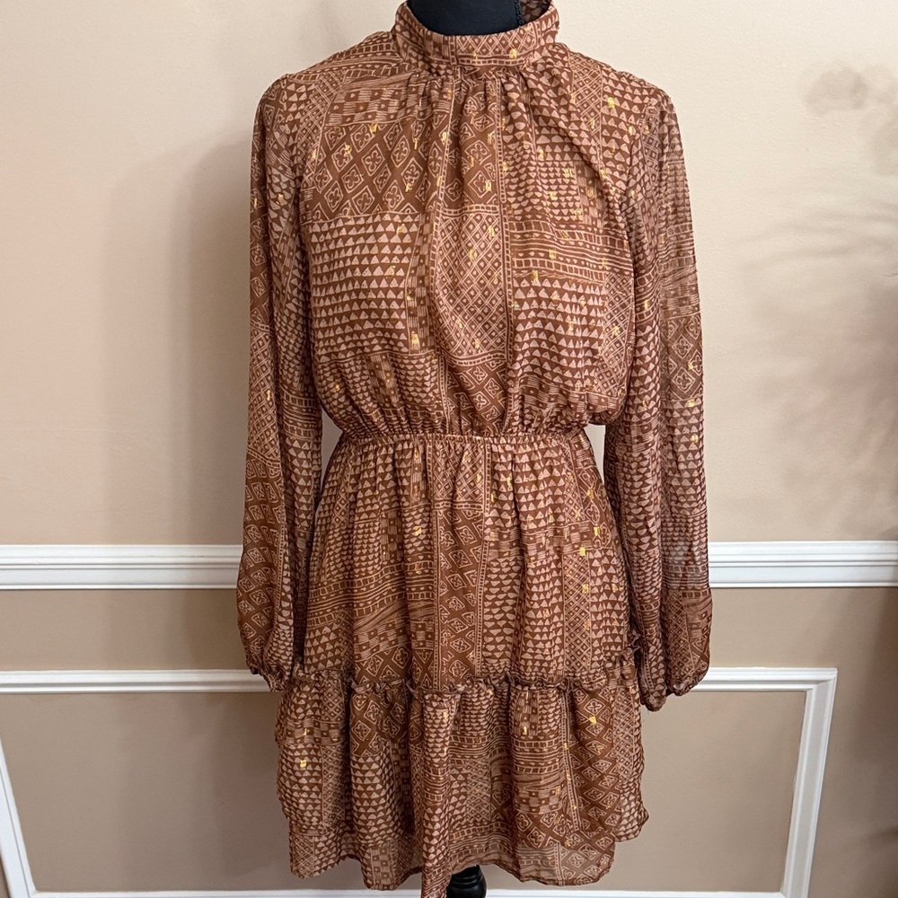 Tiered Brown Patterned Long-Sleeve High-Neck Dress